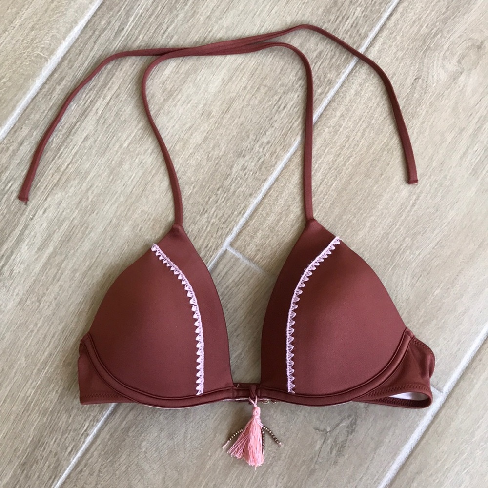 Shade & Shore Bikini Top Women’s 34B Rust & Pink Padded Bra Tassled Swimsuit